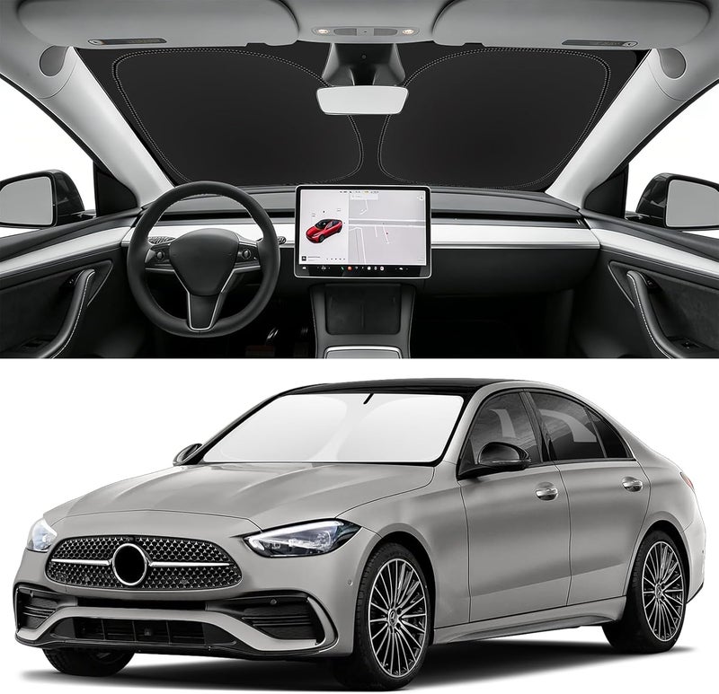SLOGENTO غطاء شمس للزجاج الأمامي مخصص لمرسيدس بنز C-Class 2015-2026، يحجب الأشعة فوق البنفسجية والحرارة، غطاء شمس للنافذة الأمامية، سهل الطي والتخزين - Image 1